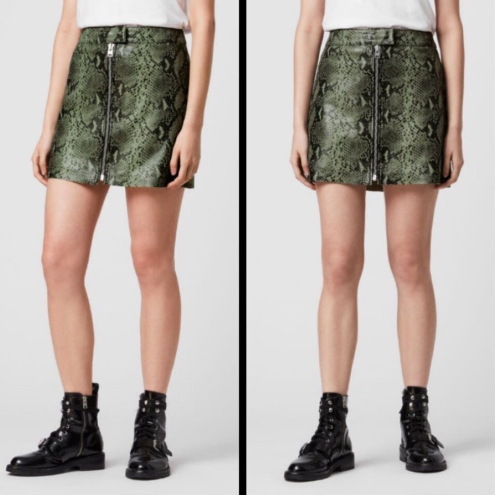 Allsaints Lena Oba Leather Skirt Sz O Snake Green A Line Mini Zip Front FLAWED - Picture 2 of 9